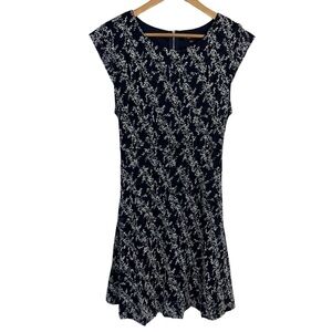 Papillon Stretchy Floral A-Line Dress Sz L Navy Sundress Fitted 90s Y2K Delicate